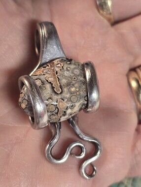 Vintage Artisan Handmade Leopard Skin Jasper And Silver Fork Pendant NWOT